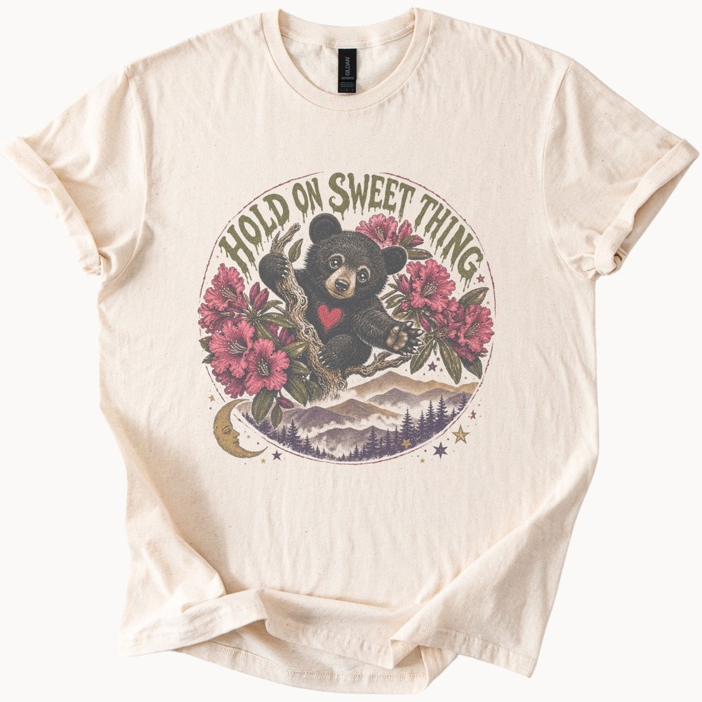 Bear Heart Whimsical Graphic Tee Vintage Moonlit Forest Design
